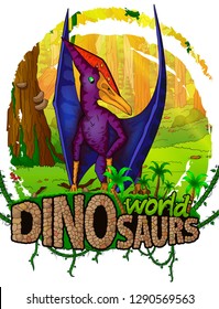Pteranodon on the background of the forest. Vector logo. Dinosaur world