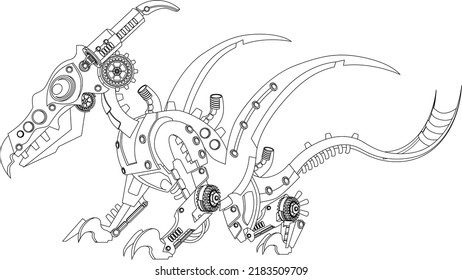 A pteranodon robot in a metallic steampunk style coloring book. A cyborg dinosaur on a white background.