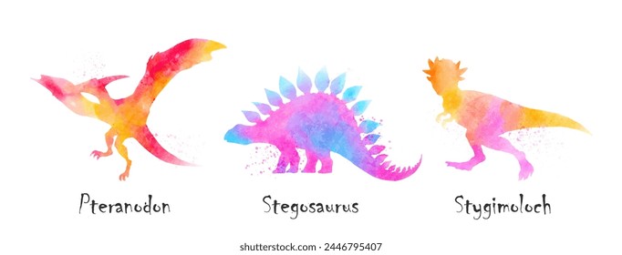 Pteranodon, Stegosaurus, Ankylosaurus, Stygimoloch dinosaurs . Colorful silhouette watercolor painting style . Set 5 of 5 . Illustration . svg