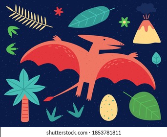 Pteranodon and various objects of his world. Palm trees, leaves, egg, volcano, flowers and footprints.