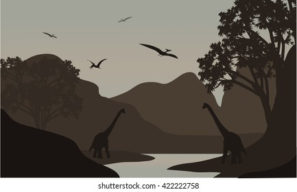 pterodactyl and brachiosaurus silhouette in river with brown backgrounds