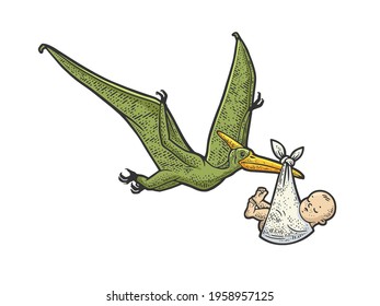 pterodactyl carries newborn baby color sketch engraving vector illustration. T-shirt apparel print design. Scratch board imitation. Black and white hand drawn image.