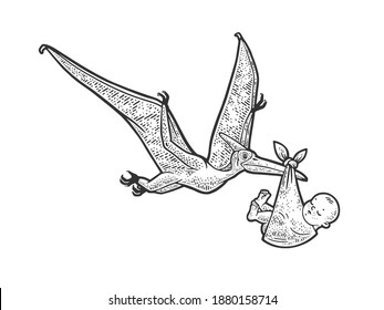 pterodactyl carries newborn baby sketch engraving vector illustration. T-shirt apparel print design. Scratch board imitation. Black and white hand drawn image.