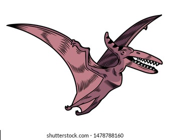 Pterodactyl dangerous predator dino flying dinosaur. Cartoon character illustration drawing engraving ink line art vector. Isolated white background for print design t shirt clothes sticker poster.