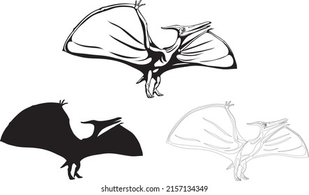 Pterodáctilo, imagen realista de dinosaurios, vector, posiciones, ilustración, negro y blanco, silueta, logotipo, marca comercial, chevron para decoración y diseño, embalaje y carteles