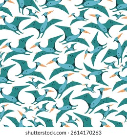 Pterodactyl dinosaur vector cartoon seamless pattern on a white background.