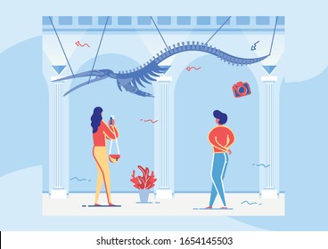 Pterodactyl in Exhibition Center Flat Cartoon Vector Illustration. Visit History Museum. Women Looking and Taking Photos, Exclusive Exhibits. Skeleton in Anthropological Museum. Tourists Sightseeing.