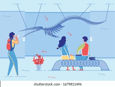 Pterodactyl in Exhibition Center Flat Cartoon Vector Illustration. Visitors in History Museum. Women Taking Photos, Exclusive Exhibits. Skeleton in Anthropological Museum. Couple Sitting on Bench.