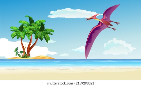 Pterodactyl flying dinosaur fly over the blue sea and island, horozontal template cartoon vector