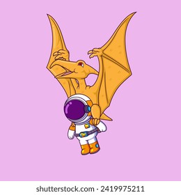 Pterodactyl flying high in sky with cute astronaut cartoon character of illustration