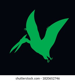 Pterodactyl, green color dinosaur silhouette on black background, vector