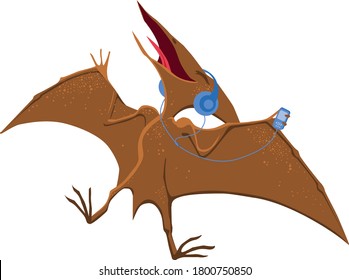 A pterodactyl with headphones enjoys music. Vector cartoon image.