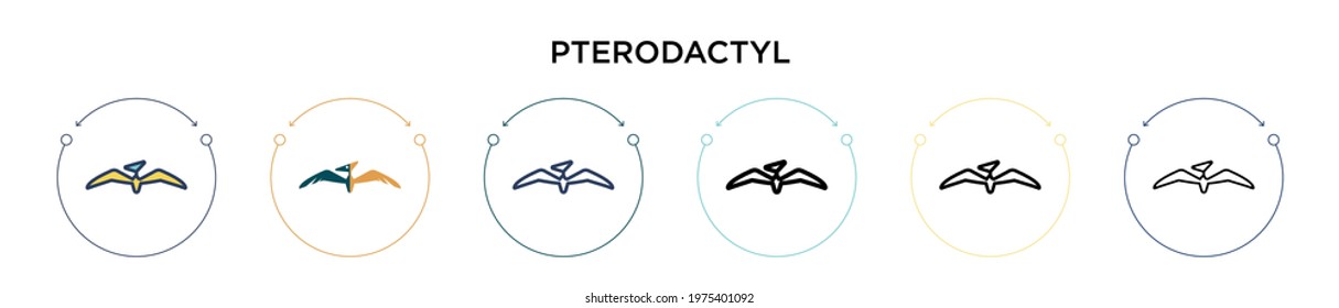 Pterodactyl icon in filled, thin line, outline and stroke style. Vector illustration of two colored and black pterodactyl vector icons designs can be used for mobile, ui, web