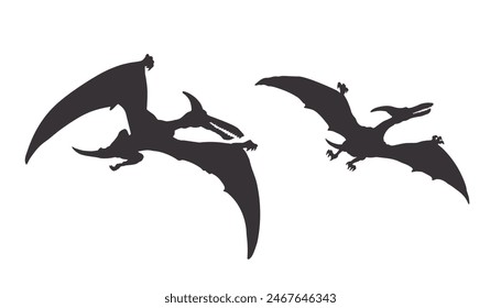 Pterodactyl isolated silhouette. Dinosaur drawing. Black image of jurassic animals. Prehistoric flying reptile. Gigantic monster icon. Vector illustration