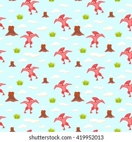Pterodactyl kid seamless vector pattern for textile print. Red happy cartoon dino reptile with clouds and volcano on blue. Baby fabric pattern.