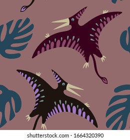 pterodactyl with monstera leaf on pink background seamless pattern
