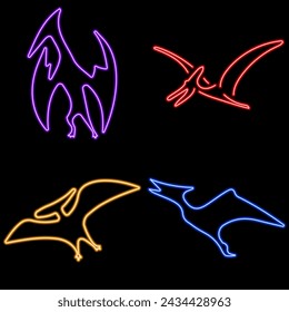 pterodactyl neon icon group, vector illustration on black background.