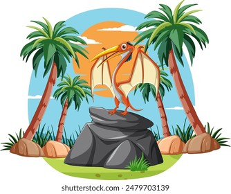 Pterodactyl perched on rock with palm trees