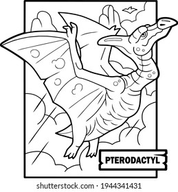 pterodactyl prehistoric dinosaur, funny coloring book illustration