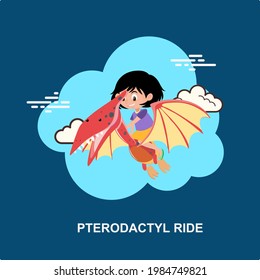 Pterodactyl ride withyoung kid sitting on back of dinosaur and flying high in sky flat concept design