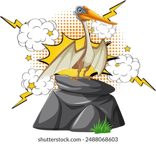 Pterodactyl standing on rock with comic background