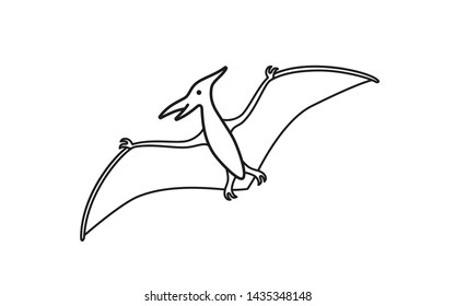 Pterodactyl vector contour silhouette. Pteranodon dinosaur. Pterosaur black contour isolated on white background