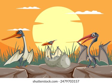 Pterodactyls with egg against a sunset background