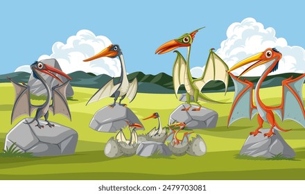 Pterodactyls with eggs and hatchlings on rocks