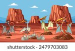 Pterodactyls with eggs in a rocky desert