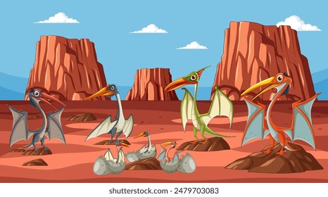 Pterodactyls with eggs in a rocky desert