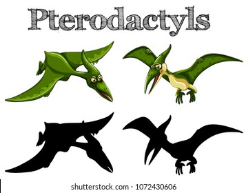 Pterodactyls in green and silhouette illustration