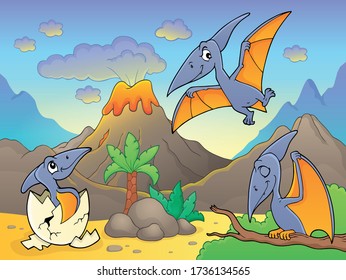 Pterodactyls near volcano image 1 - eps10 vector illustration.