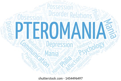 Pteromania word cloud. Type of mania, made with text only.