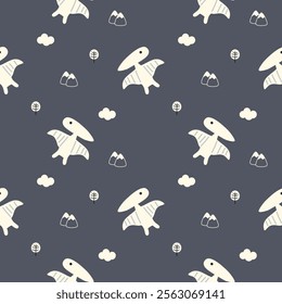 Pterosaur cartoon so cute. On mountain tree cloud gray background. Pattern seamless vector illustration. 