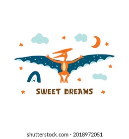 Pterosaur. Flying archosaurus pterodactyl, extinct ancient winged lizard, Jurassic period. Mesozoic era. Sweet dreams print, night sky with stars. Colorful vector isolated illustration hand drawn