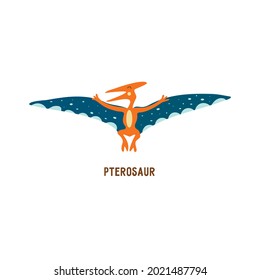 Pterosaur. Flying archosaurus pterodactyl, extinct ancient winged lizard, Jurassic period. Mesozoic era. Colorful vector isolated illustration hand drawn. White background