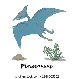 Pterosaurus with plants and stone isolated on a white background.Wild creature predator.Dinosaur period.Reptile animal 