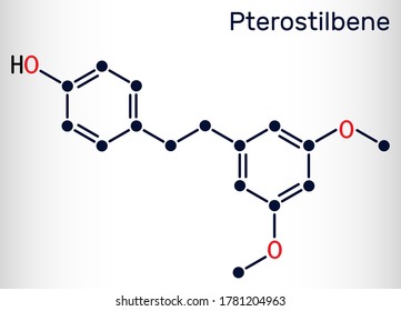 Pterostilbene, molécula estilbenoide. Tiene un papel como metabolito, antioxidante, agente antineoplásico, neurotransmisor. Fórmula química esquelética. Ilustración del vector