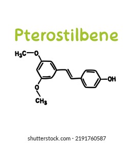 Pterostilbene Supplement Sticker Design With Sign. Isolated On White Product Formula, Line Icon At Package Label. Healthy Nutrition, Dietary Medicine Emblem, Vector Illustration