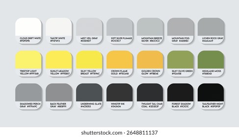 Ptiliogonys caudatus Color Palette. Ptiliogonys caudatus color Tone Swatch Chart with HEX Codes and Color Names. Long-tailed silky-flycatcher Feather and Body Colors Tones Variants. fashion Trand 2026