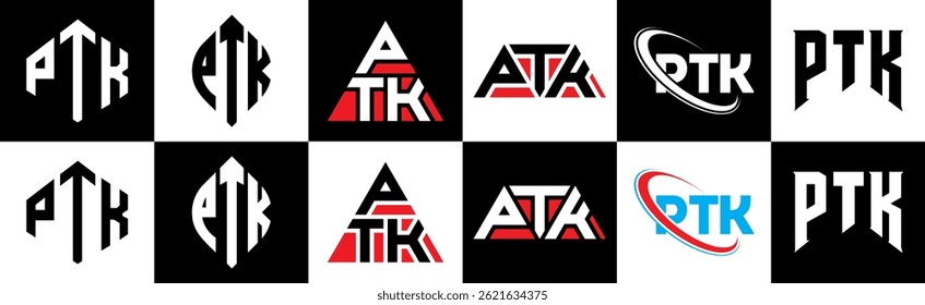PTK letter logo design in six style. PTK polygon, circle, triangle, hexagon, flat and simple style with black and white color variation letter logo set in one artboard. PTK minimalist and classic logo