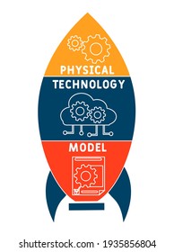 PTM - Akronym Physical Technology Model. Hintergrund des Unternehmenskonzepts.  Vektorgrafik-Konzept mit Schlagwörtern und Symbolen. Buchstabengrafik mit Symbolen für Webbanner, Flyer, Landing Page