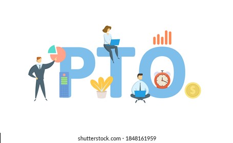 PTO, Tiempo Libre Pagado. Concepto con palabras clave, personas e iconos. Ilustración vectorial plana. Aislado sobre fondo blanco.