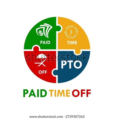 PTO paid time off logo featuring money, clock, and beach umbrella icons in green, yellow, and red circles. Isolated vector illustration for HR and employee benefits