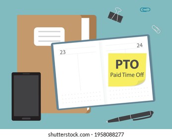 PTO Paid Time Off written on yellow sticky note in calendar - vector illustration