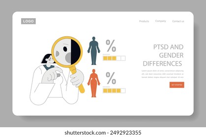 Ilustración de sensibilización sobre el trastorno de estrés postraumático que muestra las diferencias de género en la investigación de salud mental. Un médico examina la representación del TEPT bajo una lupa. Ilustración vectorial.