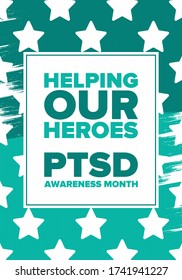PTSD Awareness Month in June. Post Traumatic Stress Disorder. Celebrated annual in United States. Medical health care and awareness design. Poster, card, banner and background. Vector illustration