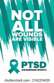 PTSD Awareness Month in June. Post Traumatic Stress Disorder. Celebrated annual in United States. Medical health care and awareness design. Poster, card, banner and background. Vector illustration