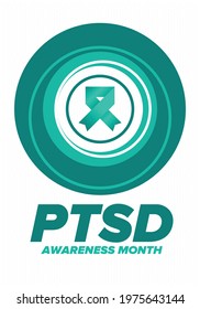 PTSD Awareness Month in June. Post Traumatic Stress Disorder. Celebrated annual in United States. Medical health care and awareness design. Poster, card, banner and background. Vector illustration