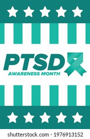 PTSD Awareness Month in June. Post Traumatic Stress Disorder. Celebrated annual in United States. Medical health care and awareness design. Poster, card, banner and background. Vector illustration